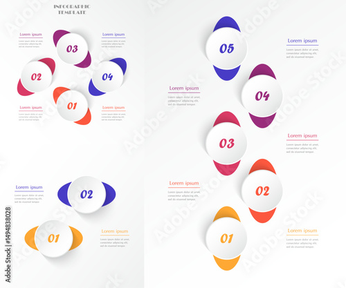 Set of creative infographic templates with 2, 4, 5 steps, options, parts or processes.