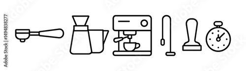 Coffee and barista line icons set – outline, linear, espresso brewing tools