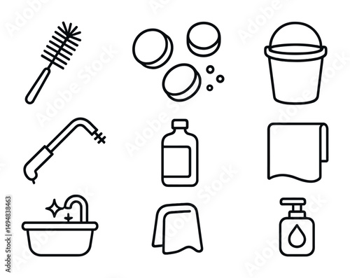 Household cleaning outline icons set – neat, tidy, domestic chores symbols