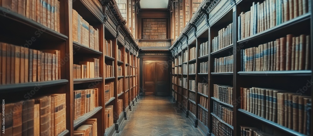 A wooden library featuring many antique books in rows and shelves A wooden library featuring many antique books in rows and shelves