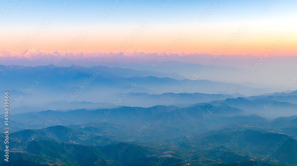 Obraz premium Serene Mountain Landscape at Dawn with Layers of Mist and Fog