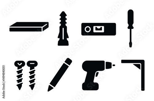 Tools and hardware solid icons set – filled, construction and diy equipment symbols