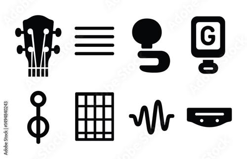 Music education solid icons set – filled, symbols, learning and teaching tools