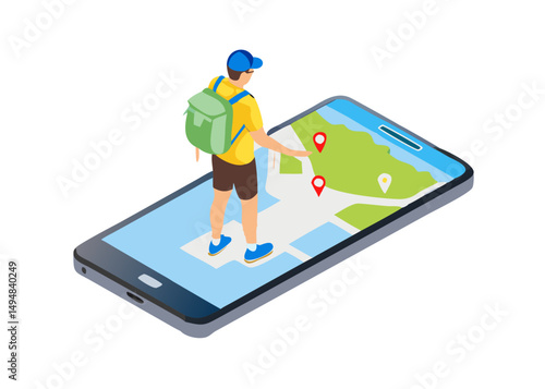 Traveler, tourist searching route, road, location, way on smartphone map. Travel and transportation concept. Isometric vector illustration. 