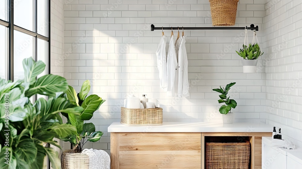 Modern laundry corner with natural lighting, hanging rail, and bright decor Modern laundry corner with natural lighting, hanging rail, and bright decor
