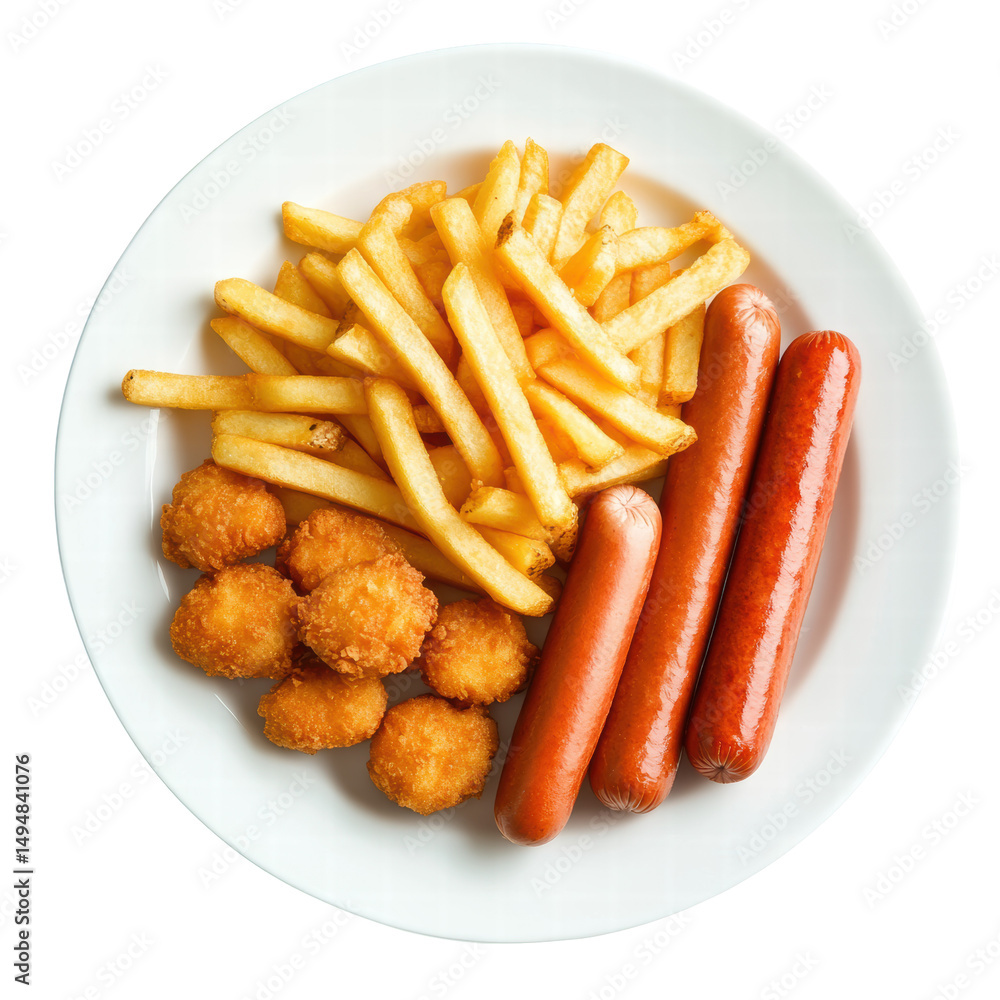 Delicious Plate of Hot Dogs, French Fries, and Cheese Balls for a Fun Meal on transparent background Delicious Plate of Hot Dogs, French Fries, and Cheese Balls for a Fun Meal on transparent background