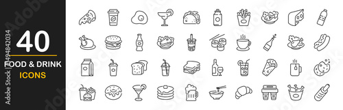 Food and drinks icon set. Contains such icons as burger, coffee, donut, bubble tea,pizza, french fries, tea, desserts, beer, hot dog, sushi and rolls, coctail, energy, chicken leg with salad and more