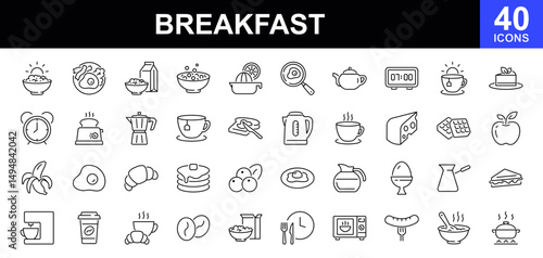 Breakfast icon set. Contains such icons as  egg and bacon, coffee, oatmeal, tea, fruit, desserts, сoffee with croissant and more. Vector illustration
