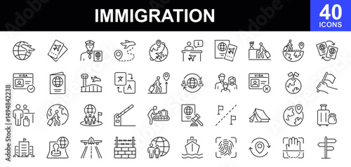 Immigration icon set. Contains such icons as visa, passport, migrant, customs officer, international flights, country, border crossing, airport, illegals, baggage examination, immigration and more