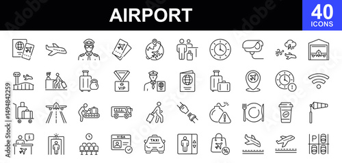 Airport icon set. Contains such icons as aerodrome, runway, air transport, control tower, plane, boarding pass, traveler, information desk, pilot, tickets, baggage and more