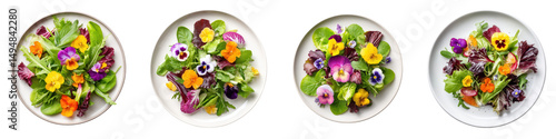 Colorful edible flower salads with fresh greens and vegetables