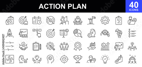Action plan icon set. Contains such icons as planning, schedule, strategy, analysis, tasks, goal, collaboration, solutions, action plan, search strategy, target, scheme, objective and more