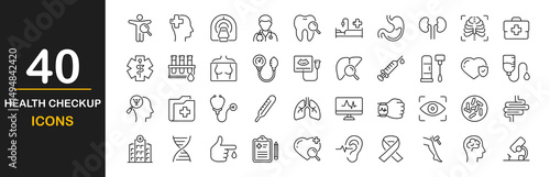 Health checkup icon set. Contains such icons as hospital, doctor, nurse, stethoscope, instruments, research, organs, tests, viruses, lung, liver, brain, eye, hearing, kidneys, stomach and more