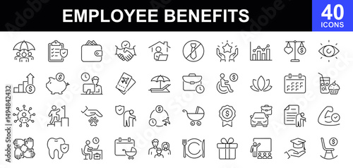 Employee benefits icon set. Contains such icons as health insurance, retirement plan, paid time off, dental coverage, vision benefits, life insurance, wellness programs and more