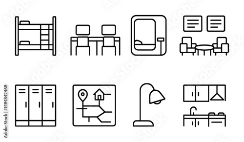 Office outline icons set – line, linear, corporate and workplace symbols