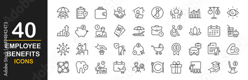 Employee benefits icon set. Contains such icons as health insurance, retirement plan, paid time off, dental coverage, vision benefits, life insurance, wellness programs and more