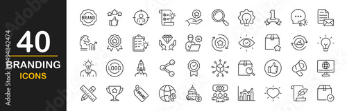 Branding icon set. Contains such icons as marketing, product, innovation, strategy, values, loyal customers, identity, brand value, design, logo, target audience, social media and more