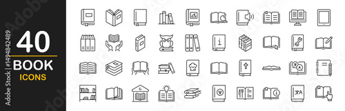 Book icons set. Contains such icons as open book, simple book symbol, library, electronic book, pages, bookmark, literature, dictionary, audiobook, information reference, textbook and more