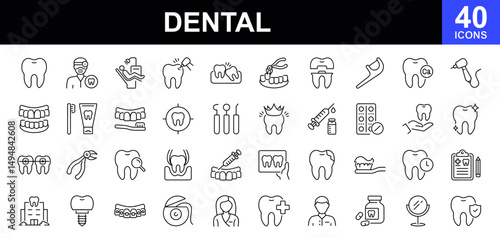 Dental icon set. Contains such icons as tooth, toothpaste, toothbrush, teeth, implant, dentistry, dentist, tooth filling, wisdom teeth, braces, caries, floss, veneer, shiny smile and more