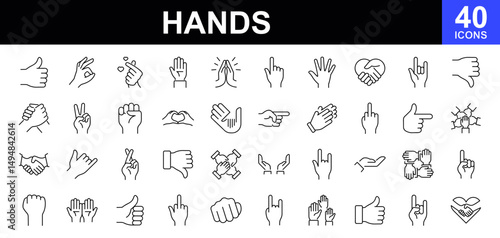 Hand gestures icon set. Contains such icons as handshake, clapping hands, horns, thumb up finger, middle finger, helping hand, heart,  fingers crossed, fist, direction, like, unlike and more