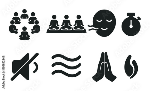 Mindfulness and meditation solid icons set – silhouette, yoga, wellness symbols
