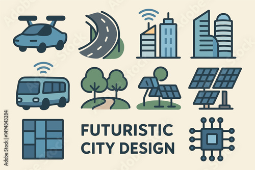 Futuristic city design icon set – outline, urban, smart city symbols