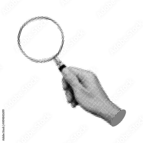 A female hand holding a magnifying glass with halftone effect,trendy collage cutout element,search, research, find information concept