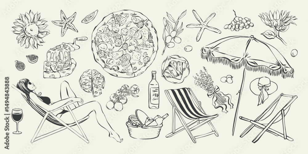 Obraz premium Summer coastal vacation hand drawn ink illustration set. Italian summer beach elements with sunbathing woman, lounger, food, cocktail, for card, poster, invitation. Mediterranean vibe doodle vector.
