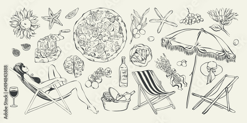Summer coastal vacation hand drawn ink illustration set. Italian summer beach elements with sunbathing woman, lounger, food, cocktail, for card, poster, invitation. Mediterranean vibe doodle vector.