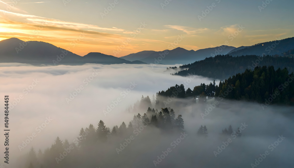Fototapeta premium Aerial View of Misty Mountain Landscape at Sunrise