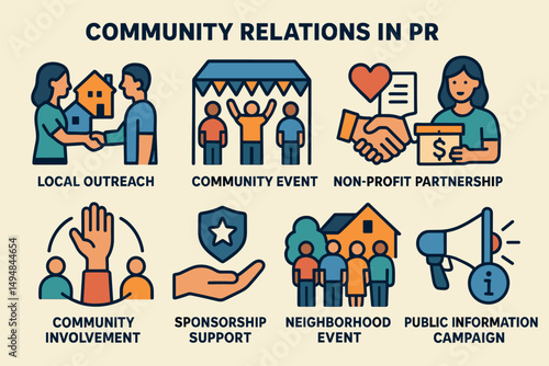 Community relations silhouette icons set – flat, outreach, partnership symbols