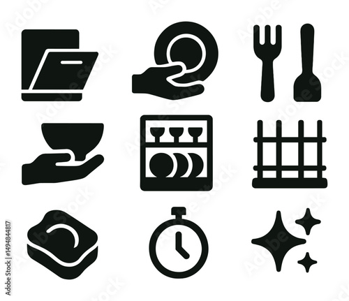Kitchen cleaning solid icons set – flat, dishwashing tools and hygiene symbols