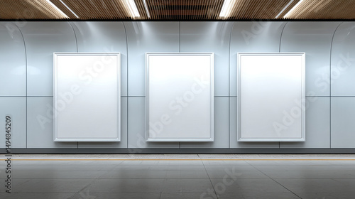 Fototapeta Naklejka Na Ścianę i Meble -  Three white posters are hanging on a wall in a subway station
