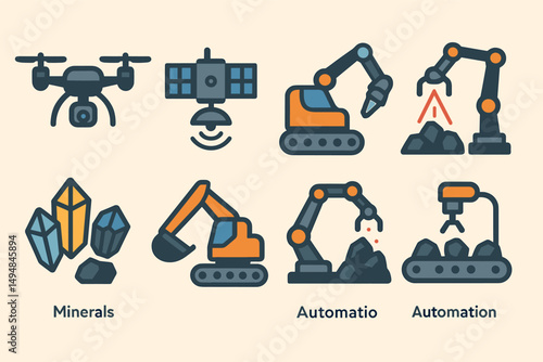 Mining and technology icons set – flat, solid, automation and minerals symbols