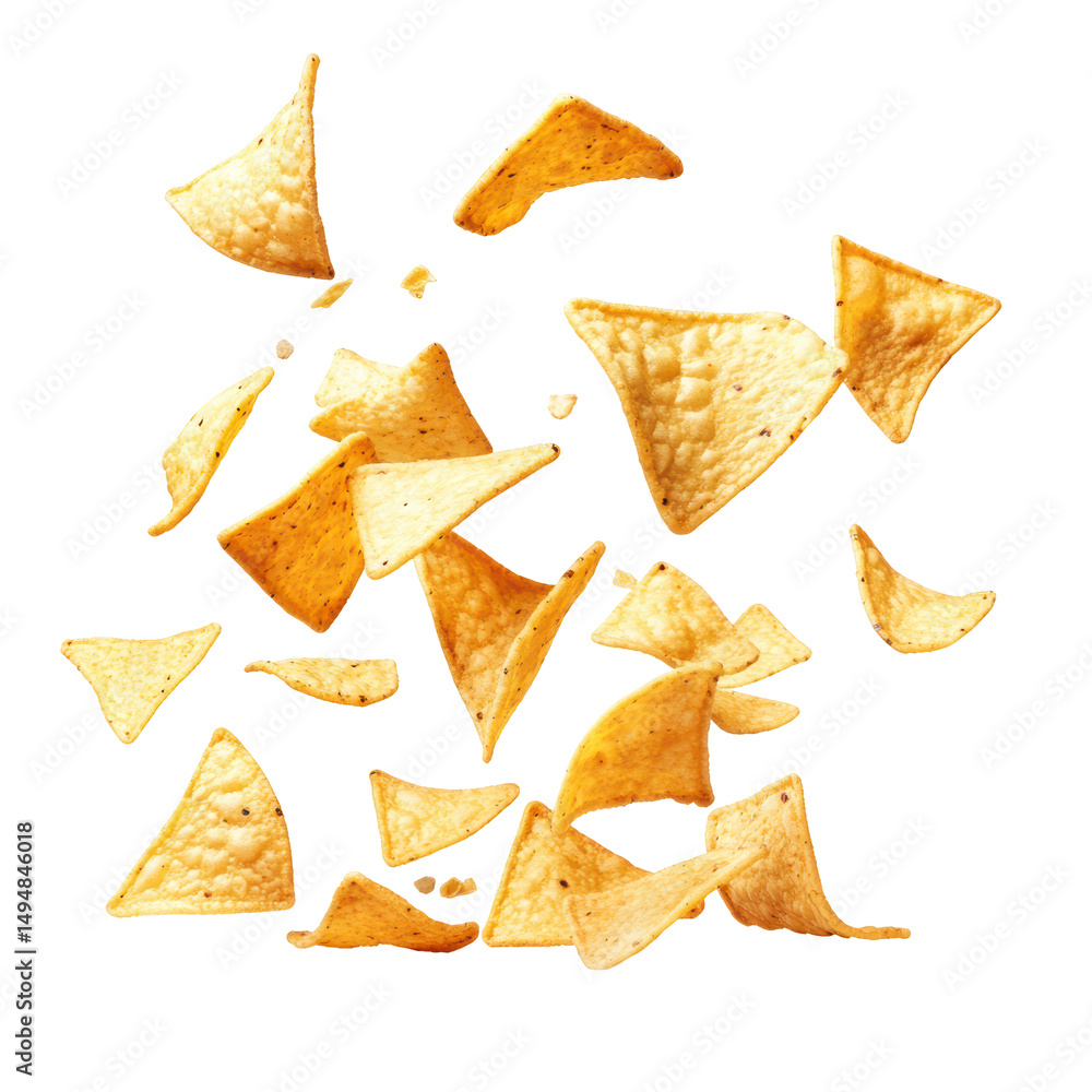 Crispy Tortilla Chips Falling in a Dynamic Scatter Against a Transparent Background Crispy Tortilla Chips Falling in a Dynamic Scatter Against a Transparent Background