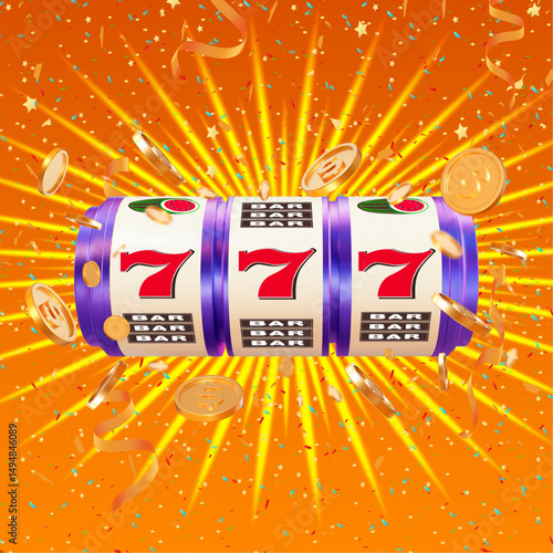 3D slot machine, golden coins, confetti. 777 Big win concept banner casino. Online casino. Gambling concept design. 3d vector illustration on isolated background.