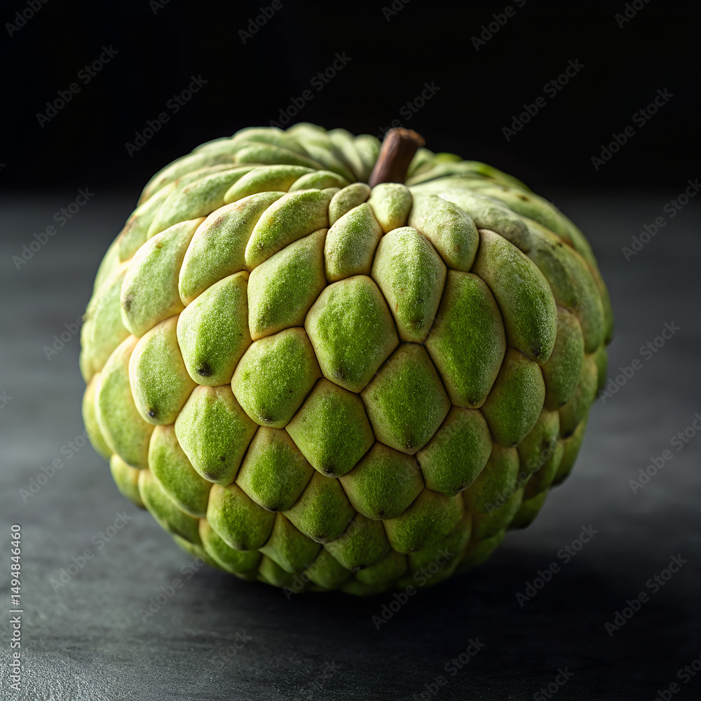 Fototapeta premium Custard apple (cherimoya) with green scaled skin, high&nbsp;contrast&nbsp;image