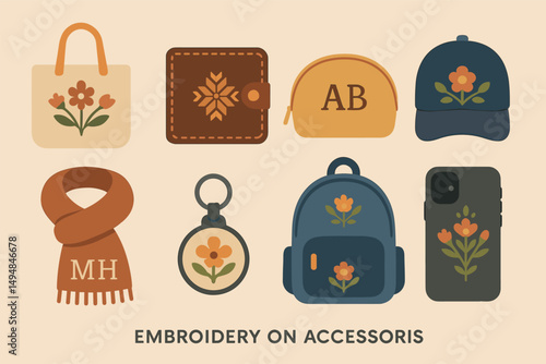 Embroidery accessory icons set – flat, filled, fashion and personalization designs