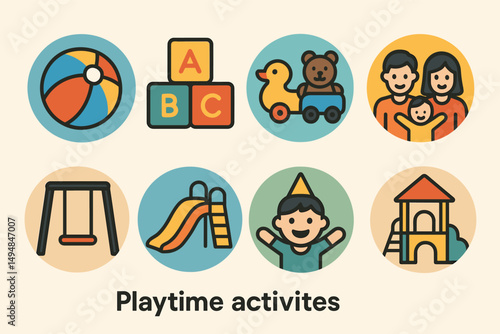 Playtime activities icons set – flat, playful, children and toys symbols