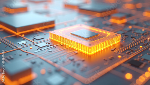 Wallpaper Mural An intricate circuit board features a central glowing orange processor chip, highlighting electronic pathways. Torontodigital.ca