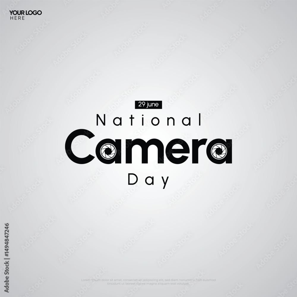 Obraz premium Minimalist National Camera Day Poster. June 29 Photography Celebration Design with Lens Typography on Light Background.