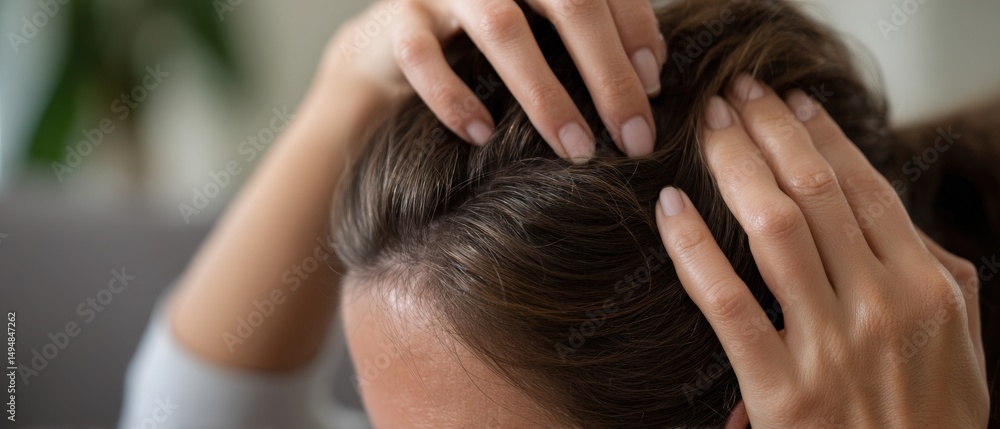 Fototapeta premium Caucasian woman examining her scalp for hair loss or dandruff indoors Concept of hair care, dermatology, and selfcare