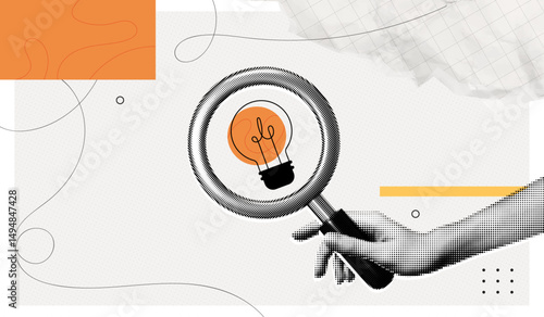 Trendy Halftone Collage Search idea. Hand holding magnifying glass with lightbulb. Creative vision and thinking. Business insights and solutions. Find target. Contemporary vector illustration art