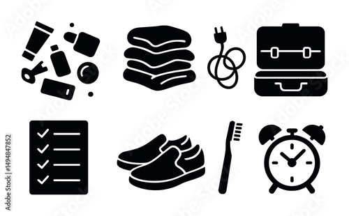 Travel and packing solid icons set – silhouette, filled, luggage and checklist symbols