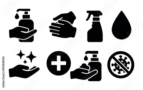 Hygiene and sanitization solid icons set – filled, clean, health symbols