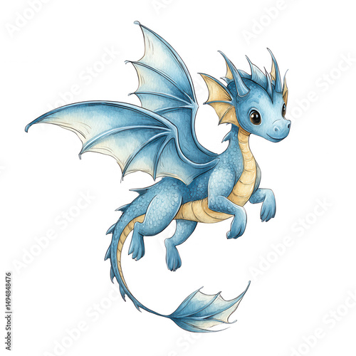 Cute blue baby dragon with wings is flying on an isolated white background