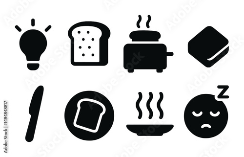 Breakfast and kitchen solid icons set – filled, culinary, cooking, food prep symbols