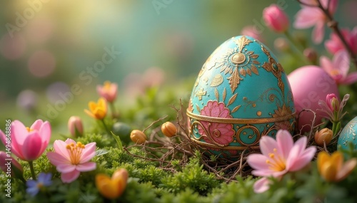 Decorated eggs with religious symbols, hidden amongst spring blooms , religious iconography, craft, easter decorations