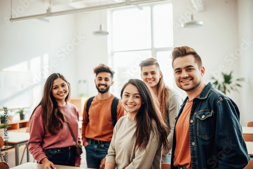 Happy Diverse Student Group in Classroom