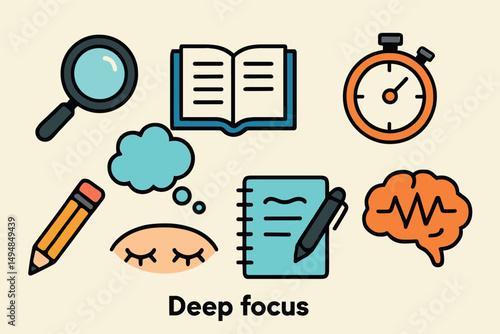 Deep focus outline icons set – meditation, mindfulness, productivity symbols